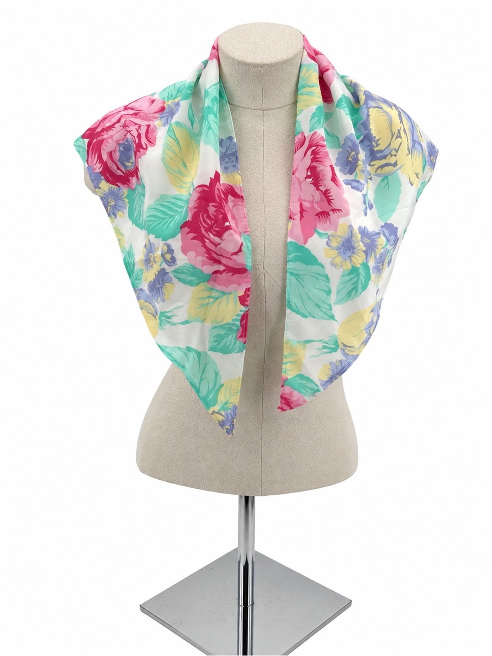 Vintage Floral Triangle Scarf Pink Green Yellow Shabby Chic Print
